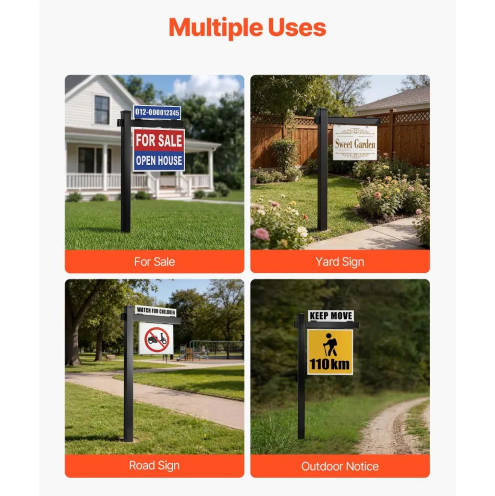 VEVOR Real Estate Sign Post, 6 ft Tall, PVC Realtor Yard Sign Holder with 36 in Arm Holds up to 24 in, Easy to Install, Wind-Resistant, for Open House and Home, Yard, Road, Outdoor, Black (No Signs)