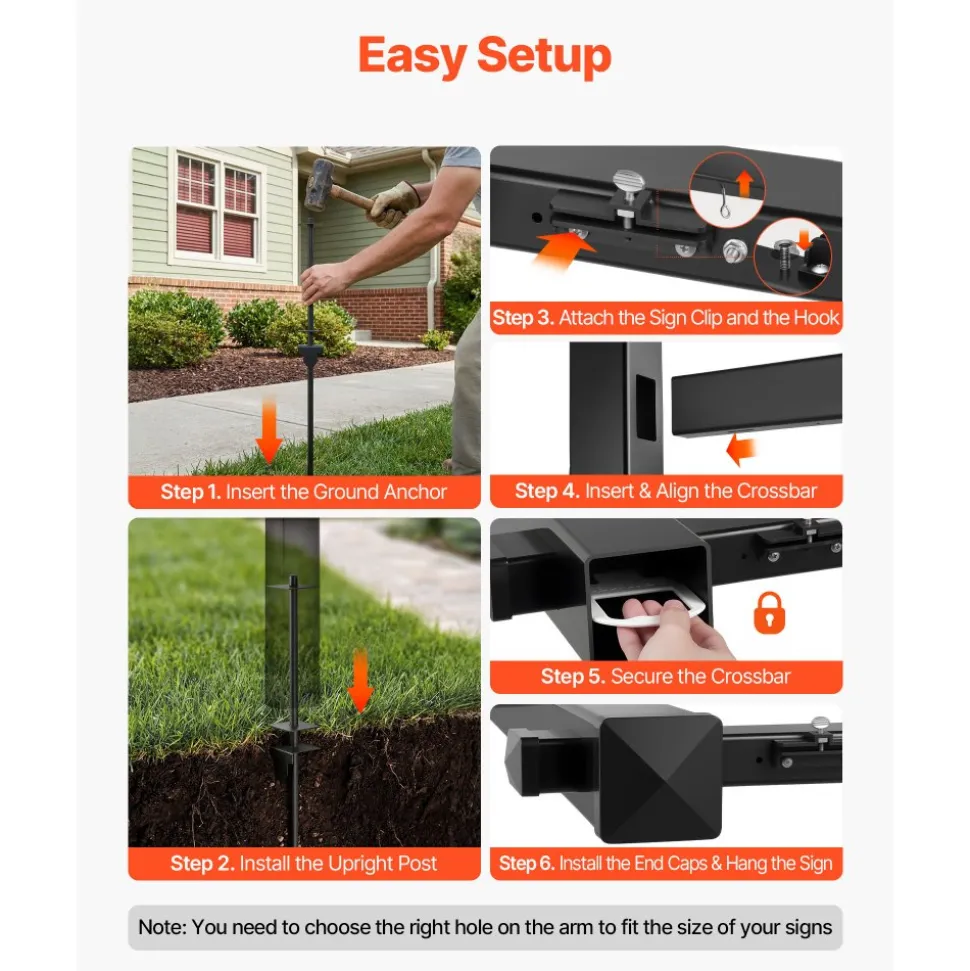 VEVOR Real Estate Sign Post, 6 ft Tall, PVC Realtor Yard Sign Holder with 36 in Arm Holds up to 24 in, Easy to Install, Wind-Resistant, for Open House and Home, Yard, Road, Outdoor, Black (No Signs)