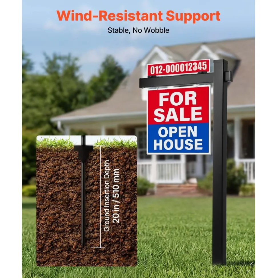 VEVOR Real Estate Sign Post, 6 ft Tall, PVC Realtor Yard Sign Holder with 36 in Arm Holds up to 24 in, Easy to Install, Wind-Resistant, for Open House and Home, Yard, Road, Outdoor, Black (No Signs)