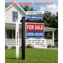 VEVOR Real Estate Sign Post, 6 ft Tall, PVC Realtor Yard Sign Holder with 36 in Arm Holds up to 24 in, Easy to Install, Wind-Resistant, for Open House and Home, Yard, Road, Outdoor, Black (No Signs)