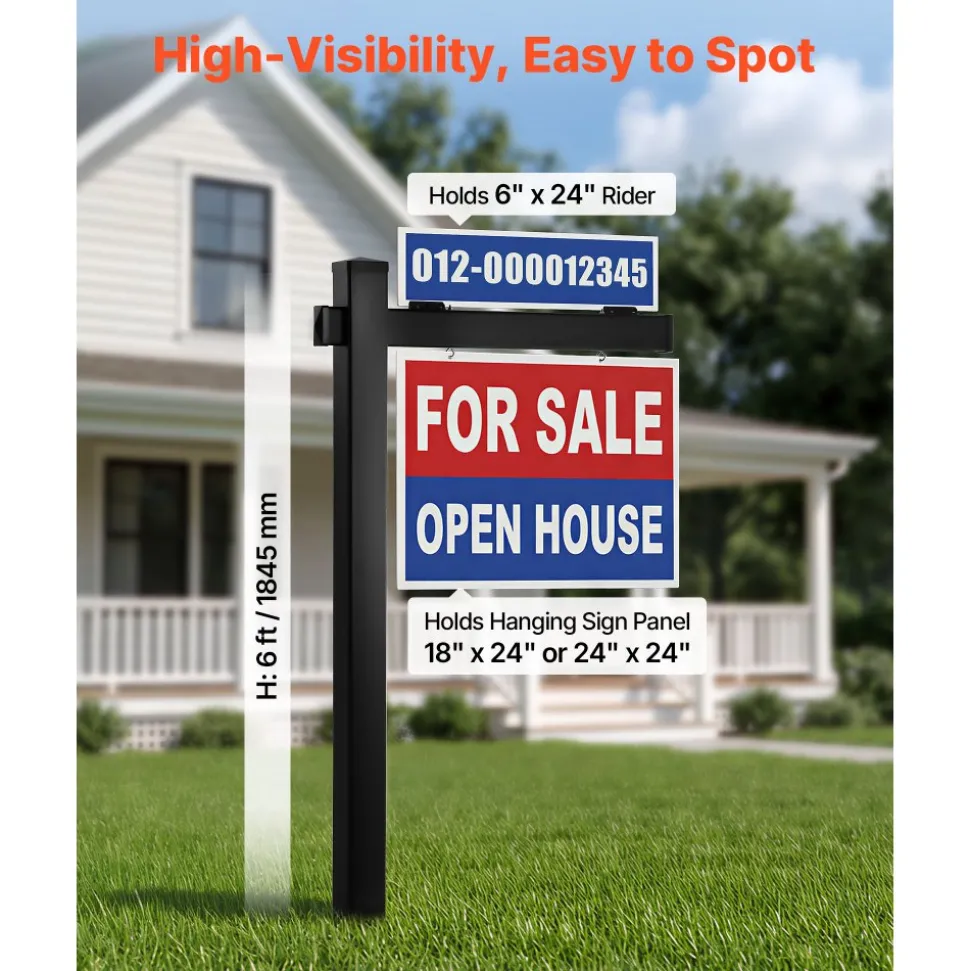 VEVOR Real Estate Sign Post, 6 ft Tall, PVC Realtor Yard Sign Holder with 36 in Arm Holds up to 24 in, Easy to Install, Wind-Resistant, for Open House and Home, Yard, Road, Outdoor, Black (No Signs)