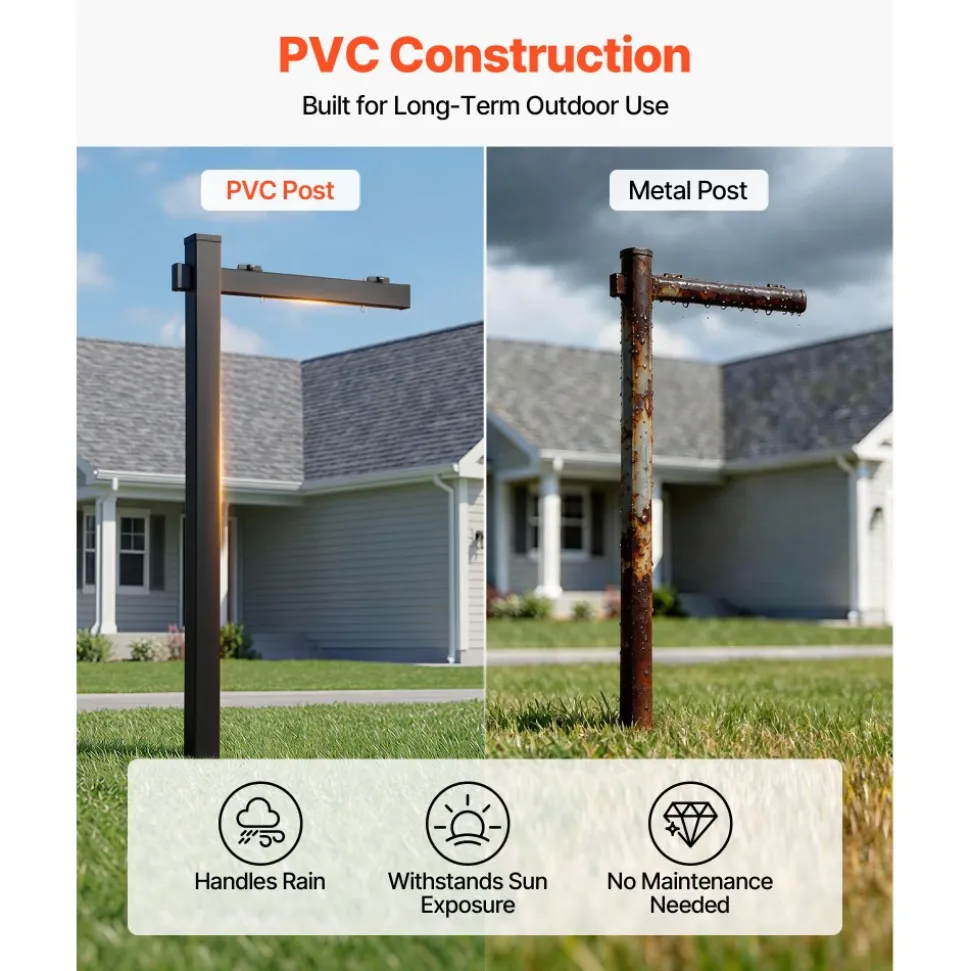 VEVOR Real Estate Sign Post, 6 ft Tall, PVC Realtor Yard Sign Holder with 36 in Arm Holds up to 24 in, Easy to Install, Wind-Resistant, for Open House and Home, Yard, Road, Outdoor, Black (No Signs)