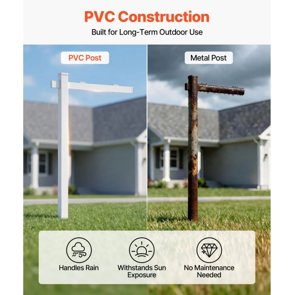 VEVOR Real Estate Sign Post, 6 ft Tall, PVC Realtor Yard Sign Holder with 47 in Arm Holds up to 36 in, Easy to Install, Wind-Resistant, for Open House and Home, Yard, Road, Outdoor, White (No Signs)
