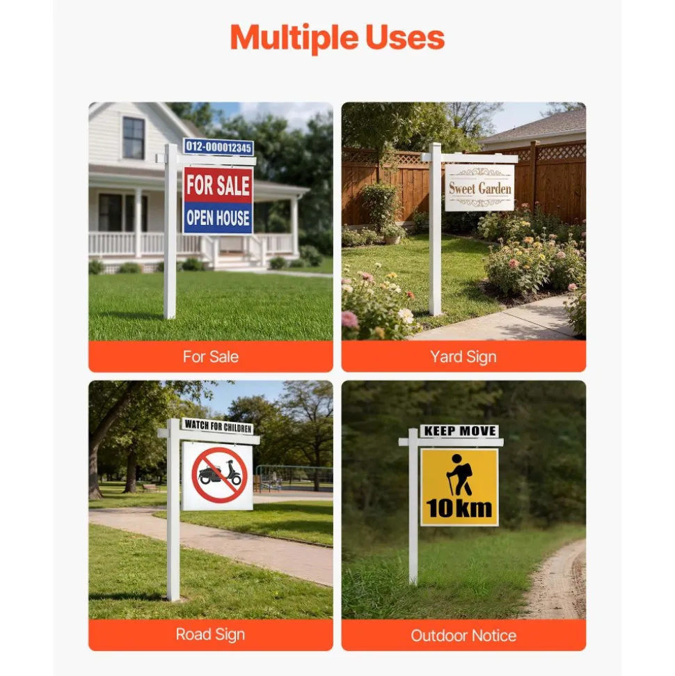 VEVOR Real Estate Sign Post, 6 ft Tall, PVC Realtor Yard Sign Holder with 47 in Arm Holds up to 36 in, Easy to Install, Wind-Resistant, for Open House and Home, Yard, Road, Outdoor, White (No Signs)