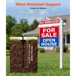 VEVOR Real Estate Sign Post, 6 ft Tall, PVC Realtor Yard Sign Holder with 47 in Arm Holds up to 36 in, Easy to Install, Wind-Resistant, for Open House and Home, Yard, Road, Outdoor, White (No Signs)