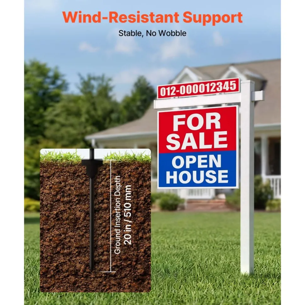 VEVOR Real Estate Sign Post, 6 ft Tall, PVC Realtor Yard Sign Holder with 47 in Arm Holds up to 36 in, Easy to Install, Wind-Resistant, for Open House and Home, Yard, Road, Outdoor, White (No Signs)