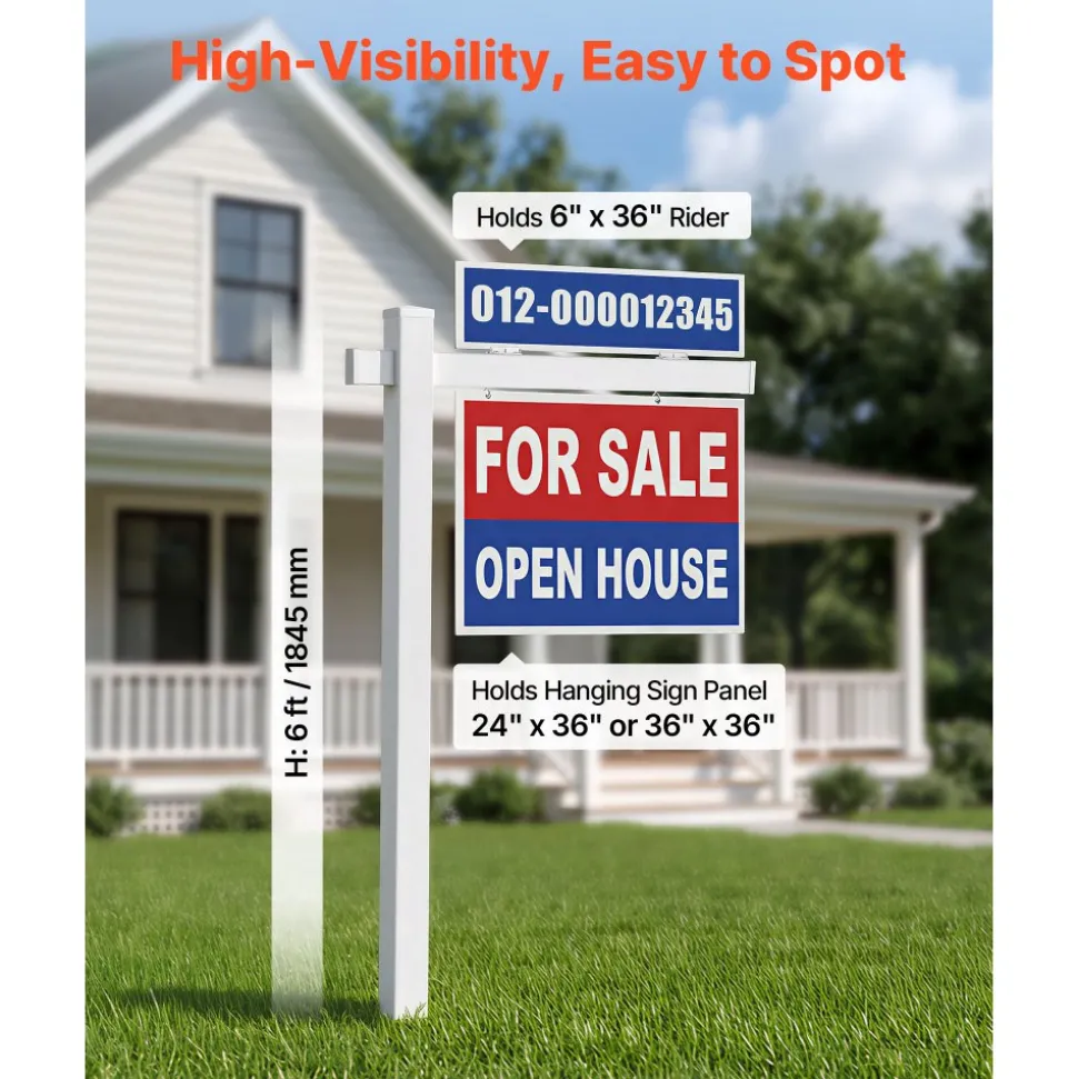 VEVOR Real Estate Sign Post, 6 ft Tall, PVC Realtor Yard Sign Holder with 47 in Arm Holds up to 36 in, Easy to Install, Wind-Resistant, for Open House and Home, Yard, Road, Outdoor, White (No Signs)