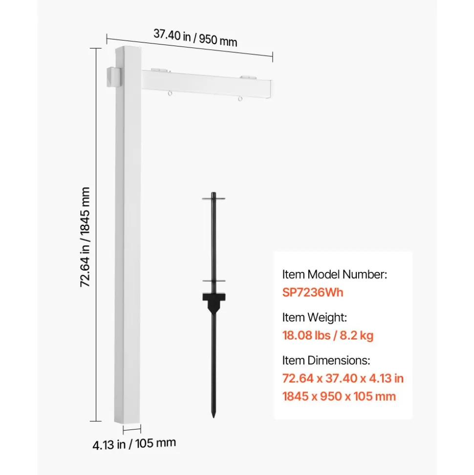VEVOR Real Estate Sign Post, 6 ft Tall, PVC Realtor Yard Sign Holder with 36 in Arm Holds up to 24 in, Easy to Install, Wind-Resistant, for Open House and Home, Yard, Road, Outdoor, White (No Signs)
