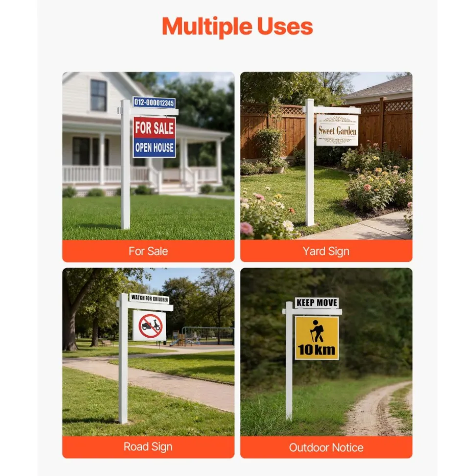 VEVOR Real Estate Sign Post, 2-Pack, 6 ft Tall, PVC Realtor Yard Sign Holder with 36 in Arm Holds up to 24 in, Easy to Install, Wind-Resistant, for Open House and Home, Yard, Road, White (No Signs)