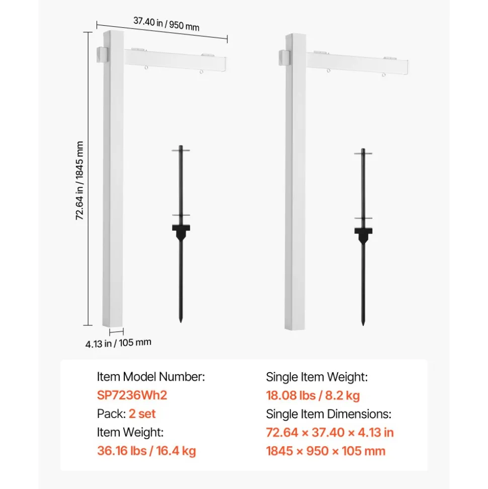 VEVOR Real Estate Sign Post, 2-Pack, 6 ft Tall, PVC Realtor Yard Sign Holder with 36 in Arm Holds up to 24 in, Easy to Install, Wind-Resistant, for Open House and Home, Yard, Road, White (No Signs)