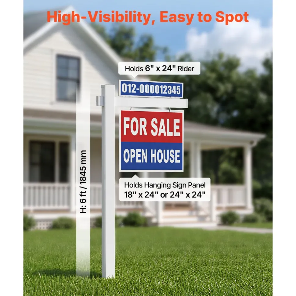 VEVOR Real Estate Sign Post, 2-Pack, 6 ft Tall, PVC Realtor Yard Sign Holder with 36 in Arm Holds up to 24 in, Easy to Install, Wind-Resistant, for Open House and Home, Yard, Road, White (No Signs)
