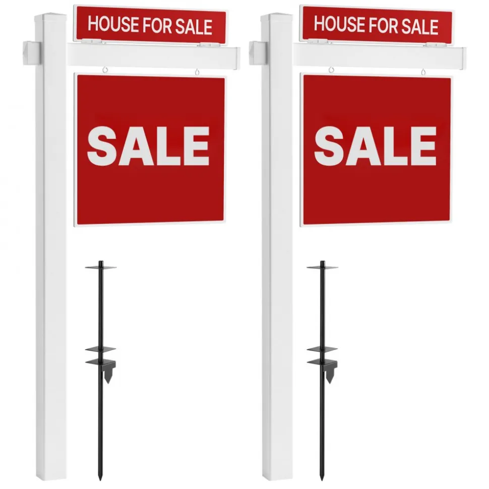 VEVOR Real Estate Sign Post, 2-Pack, 6 ft Tall, PVC Realtor Yard Sign Holder with 36 in Arm Holds up to 24 in, Easy to Install, Wind-Resistant, for Open House and Home, Yard, Road, White (No Signs)