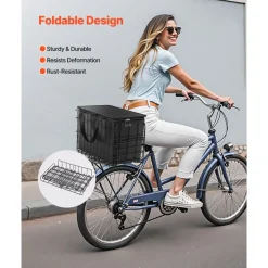 VEVOR Rear Bike Basket, Folding Wire Bicycle Basket with Cargo Net, Removable Liner Bag & Waterproof Cover, Quick Release Design Bike Basket for Adult Women/Men Carrying Dogs Pets Fruit & Grocery