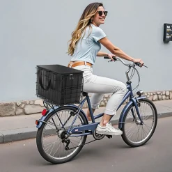 VEVOR Rear Bike Basket, Folding Wire Bicycle Basket with Cargo Net, Removable Liner Bag & Waterproof Cover, Quick Release Design Bike Basket for Adult Women/Men Carrying Dogs Pets Fruit & Grocery