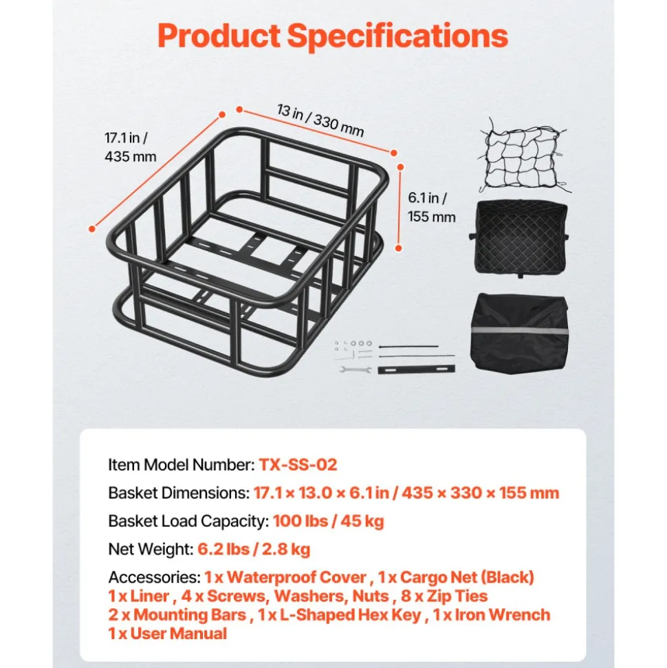 VEVOR Rear Bike Basket, Medium Bicycle Basket with Cargo Net, Liner & Waterproof Cover, Heavy Duty Bike Back Basket for Adult Women/Men Carrying Dogs, Pets, Fruit & Grocery, Mounting Tools Included
