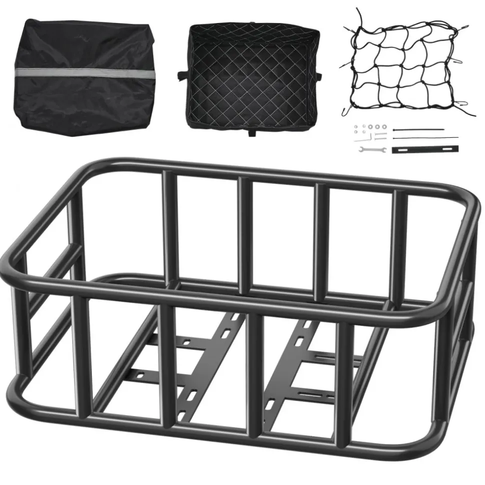 VEVOR Rear Bike Basket, Medium Bicycle Basket with Cargo Net, Liner & Waterproof Cover, Heavy Duty Bike Back Basket for Adult Women/Men Carrying Dogs, Pets, Fruit & Grocery, Mounting Tools Included