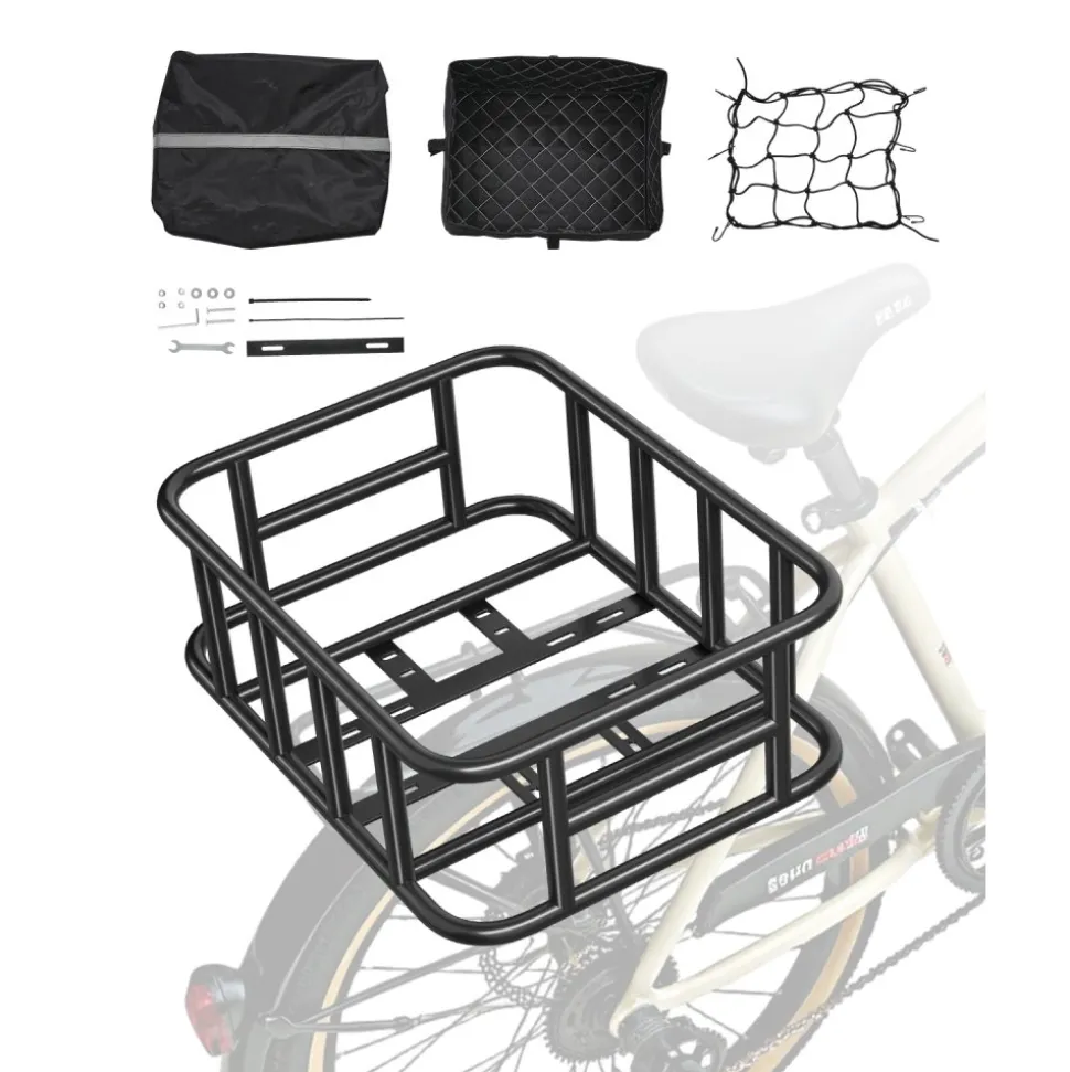 VEVOR Rear Bike Basket, Medium Bicycle Basket with Cargo Net, Liner & Waterproof Cover, Heavy Duty Bike Back Basket for Adult Women/Men Carrying Dogs, Pets, Fruit & Grocery, Mounting Tools Included