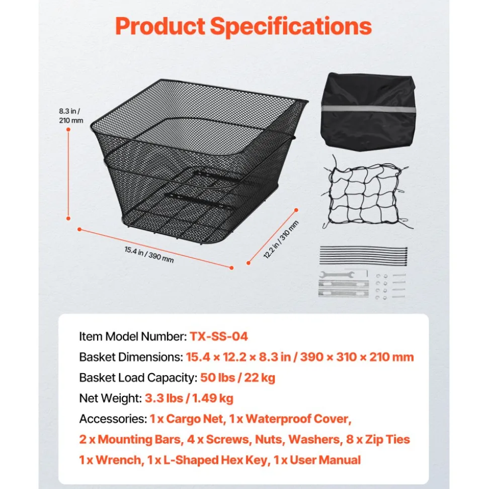 VEVOR Rear Bike Basket, Wire Mesh Bicycle Basket with Cargo Net & Waterproof Cover, Durable Metal Bike Back Basket, Fits Most Rear Bike Racks, Mounting Tools Included