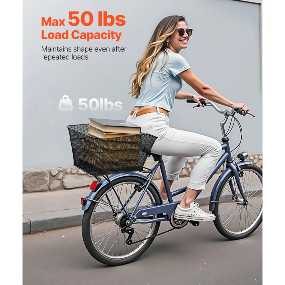 VEVOR Rear Bike Basket, Wire Mesh Bicycle Basket with Cargo Net & Waterproof Cover, Durable Metal Bike Back Basket, Fits Most Rear Bike Racks, Mounting Tools Included