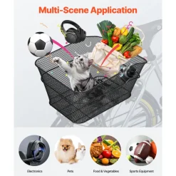 VEVOR Rear Bike Basket, Wire Mesh Bicycle Basket with Cargo Net & Waterproof Cover, Durable Metal Bike Back Basket, Fits Most Rear Bike Racks, Mounting Tools Included