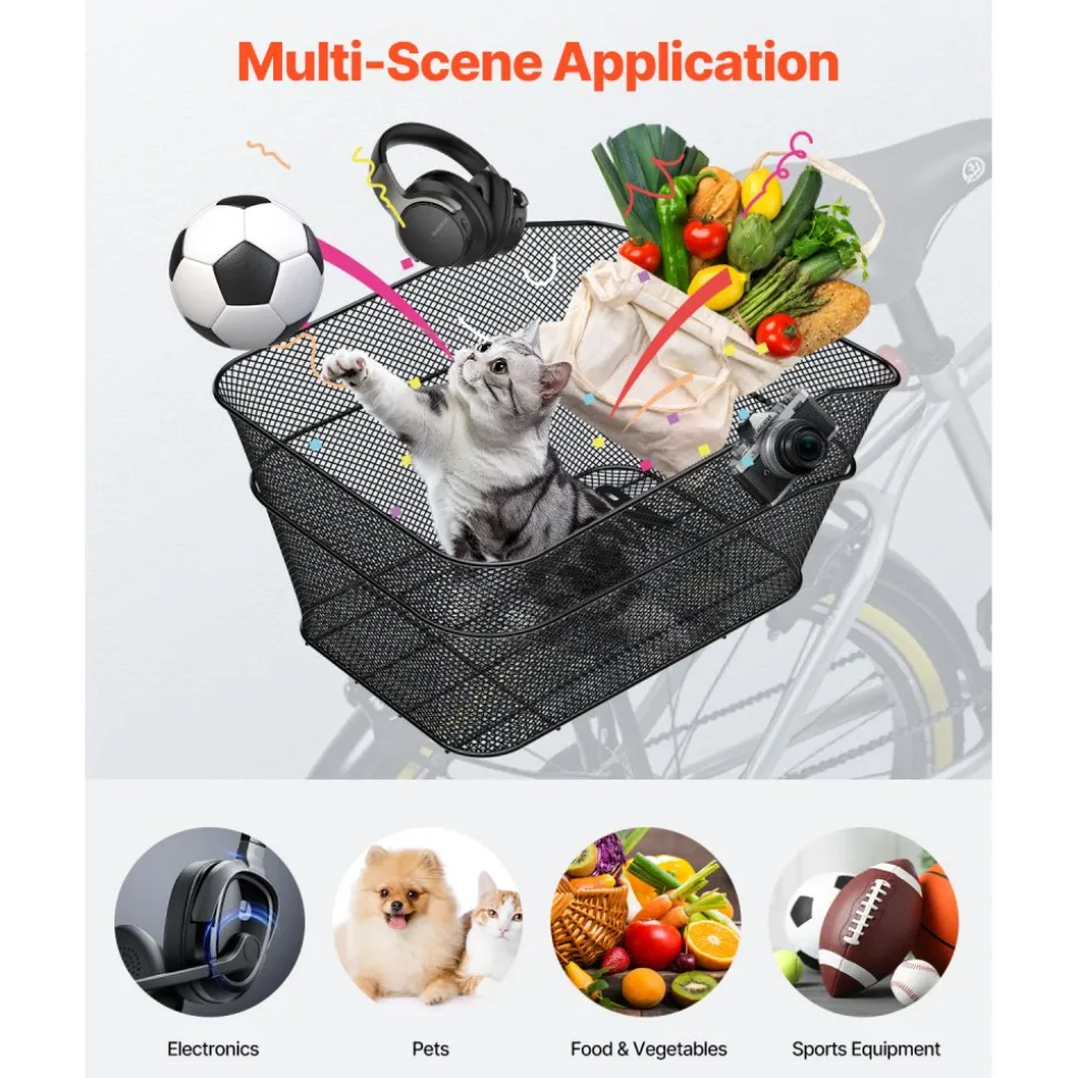 VEVOR Rear Bike Basket, Wire Mesh Bicycle Basket with Cargo Net & Waterproof Cover, Durable Metal Bike Back Basket, Fits Most Rear Bike Racks, Mounting Tools Included