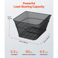 VEVOR Rear Bike Basket, Wire Mesh Bicycle Basket with Cargo Net & Waterproof Cover, Durable Metal Bike Back Basket, Fits Most Rear Bike Racks, Mounting Tools Included