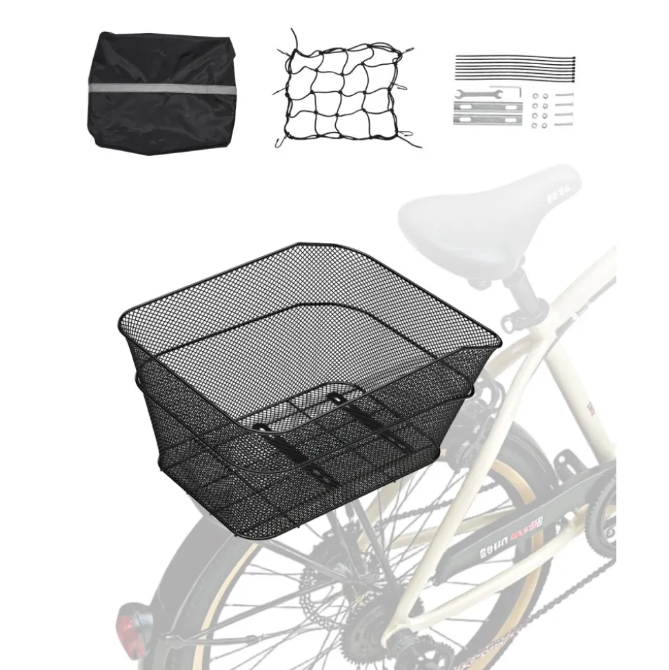 VEVOR Rear Bike Basket, Wire Mesh Bicycle Basket with Cargo Net & Waterproof Cover, Durable Metal Bike Back Basket, Fits Most Rear Bike Racks, Mounting Tools Included