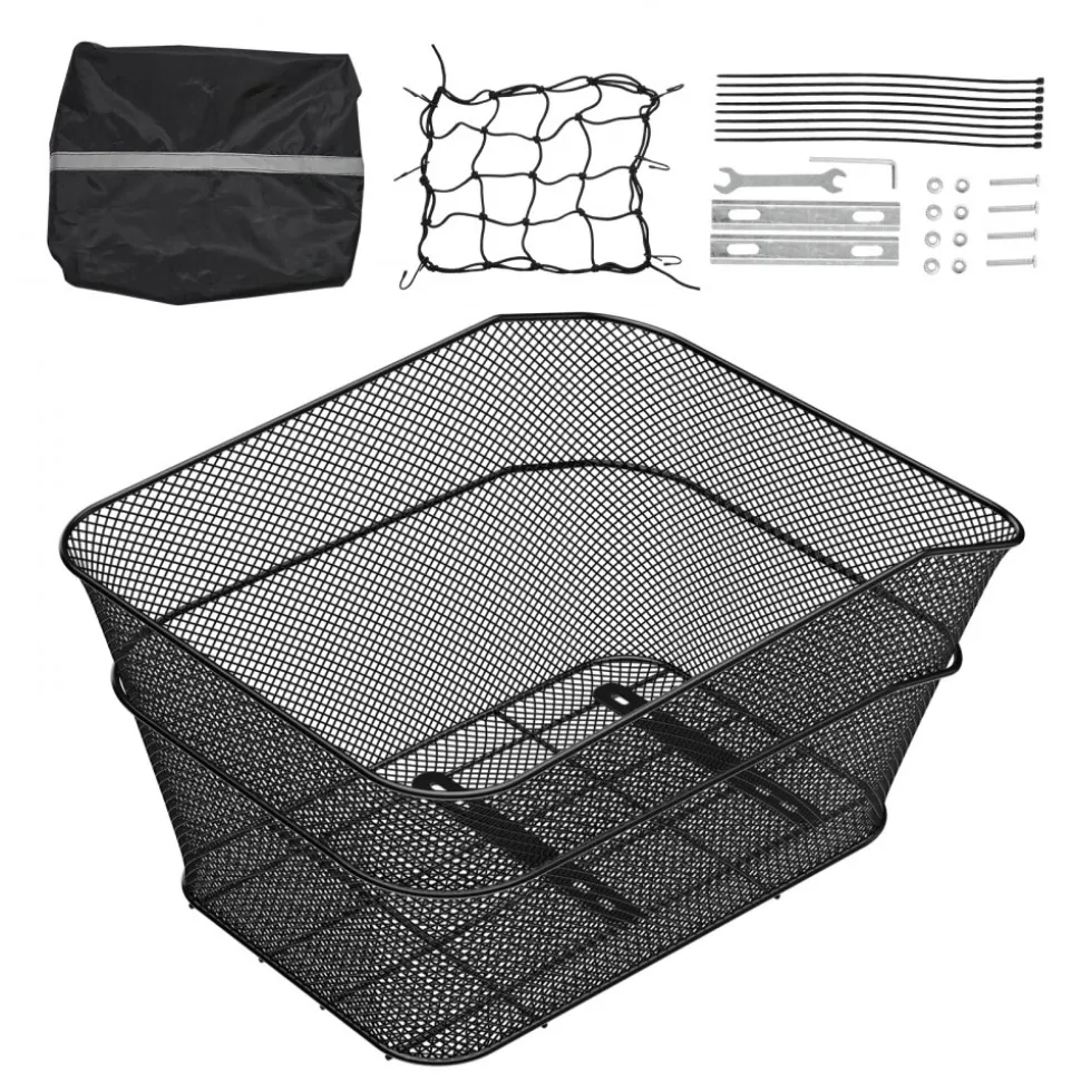 VEVOR Rear Bike Basket, Wire Mesh Bicycle Basket with Cargo Net & Waterproof Cover, Durable Metal Bike Back Basket, Fits Most Rear Bike Racks, Mounting Tools Included