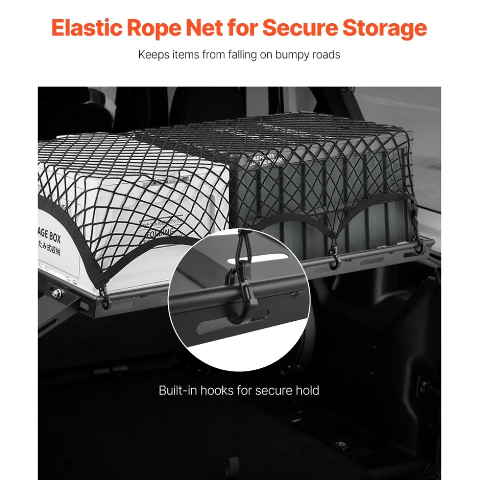 VEVOR Rear Trunk Cargo Rack, for 2007-2024 Jeep Wrangler JK 4-Door Hardtops, 300 lbs Capacity, Carbon Steel Basket Tray Interior Storage Luggage Carrier with Net, Shelf Stand Organizer for Camping Trip Gear, Black