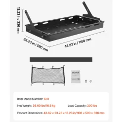 VEVOR Rear Trunk Cargo Rack, for 2018-2024 Jeep Wrangler JLU Sky One-Touch Power Top 4-Door Hardtops, 300 lbs, Carbon Steel Basket Tray Interior Storage Luggage Carrier with Net, Shelf Stand Organizer for Camping