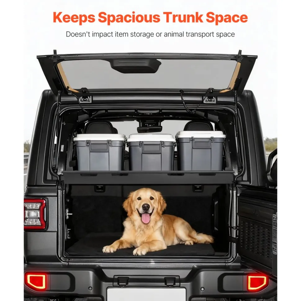 VEVOR Rear Trunk Cargo Rack, for 2018-2024 Jeep Wrangler JLU Sky One-Touch Power Top 4-Door Hardtops, 300 lbs, Carbon Steel Basket Tray Interior Storage Luggage Carrier with Net, Shelf Stand Organizer for Camping