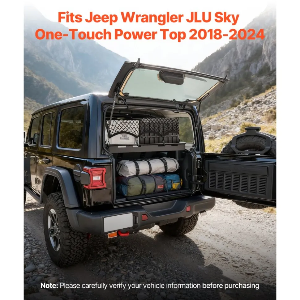 VEVOR Rear Trunk Cargo Rack, for 2018-2024 Jeep Wrangler JLU Sky One-Touch Power Top 4-Door Hardtops, 300 lbs, Carbon Steel Basket Tray Interior Storage Luggage Carrier with Net, Shelf Stand Organizer for Camping