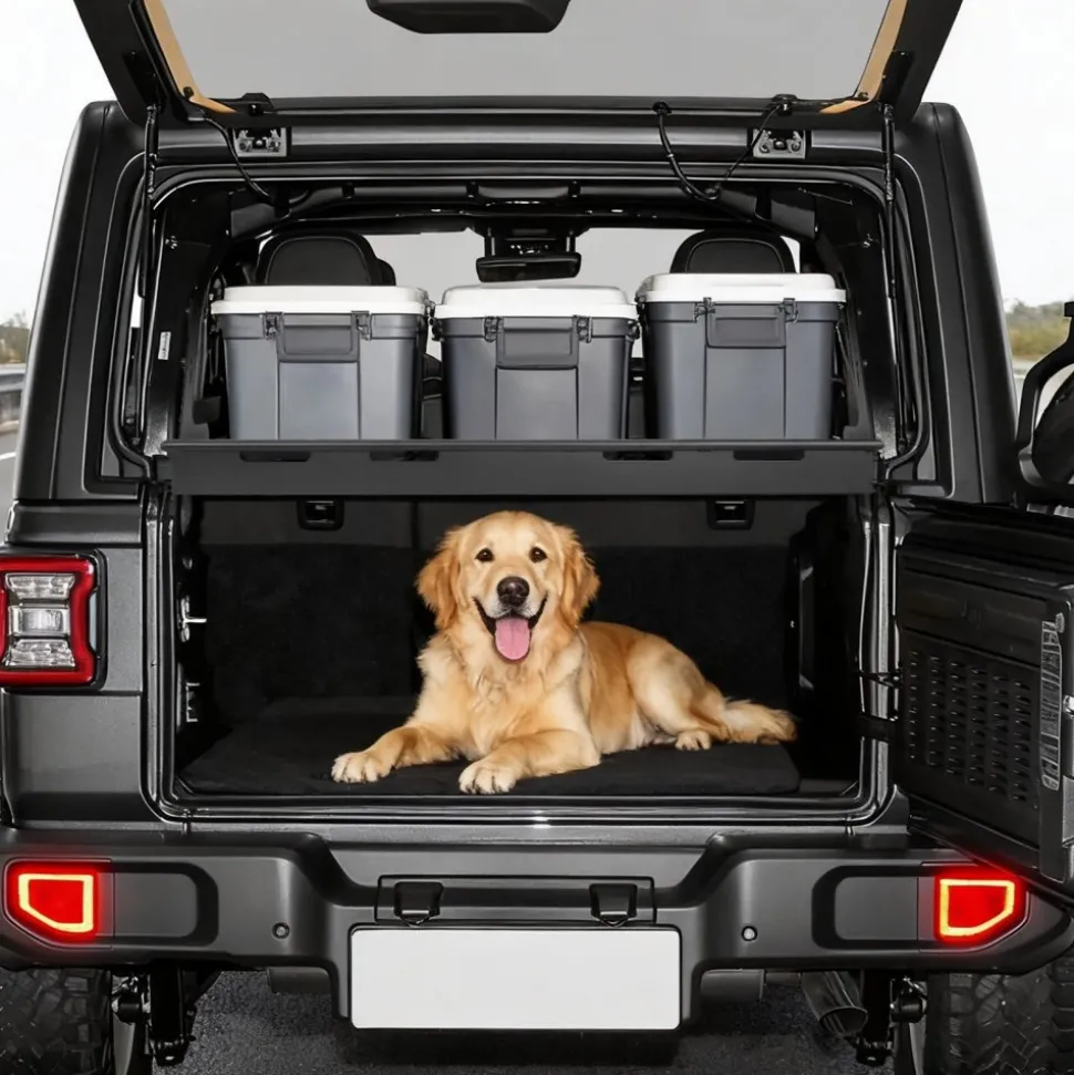 VEVOR Rear Trunk Cargo Rack, for 2018-2024 Jeep Wrangler JLU Sky One-Touch Power Top 4-Door Hardtops, 300 lbs, Carbon Steel Basket Tray Interior Storage Luggage Carrier with Net, Shelf Stand Organizer for Camping
