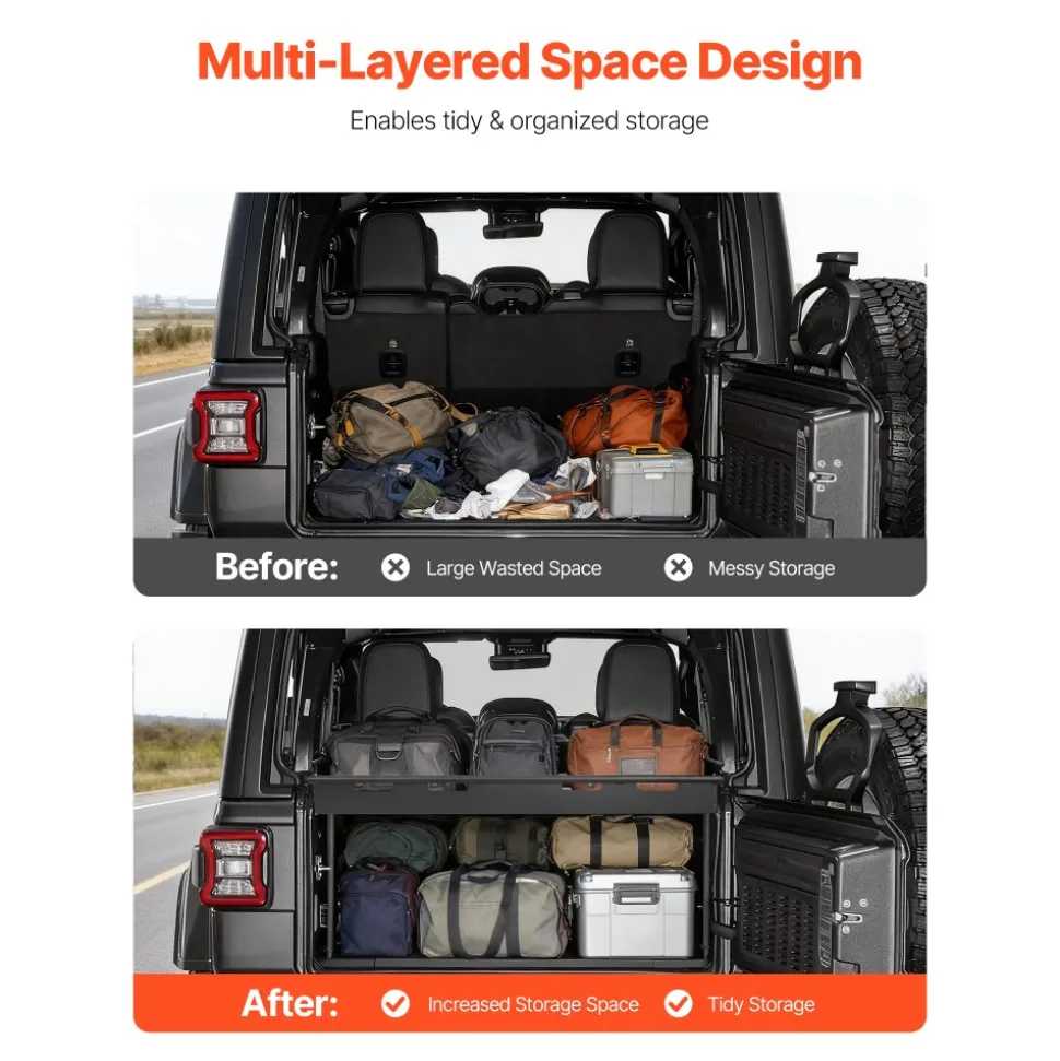 VEVOR Rear Trunk Cargo Rack, for 2018-2024 Jeep Wrangler JLU Sky One-Touch Power Top 4-Door Hardtops, 300 lbs, Carbon Steel Basket Tray Interior Storage Luggage Carrier with Net, Shelf Stand Organizer for Camping
