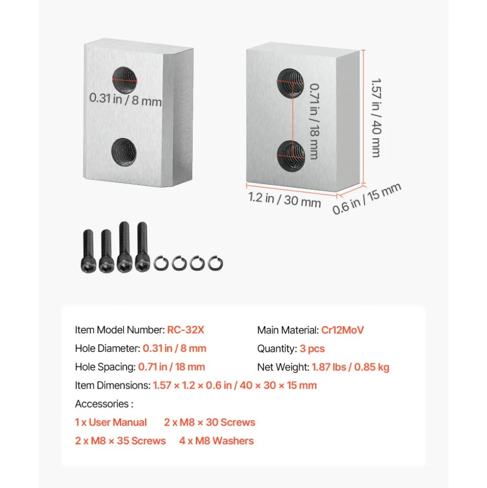 VEVOR Rebar Cutter Blades, 6 Pcs Replacement Jaw Blades for 1-1/4 Inch 32mm #10 Electric Rebar Cutter, Double-sided, CR12MOV High-Hardness Steel, Fast Efficient with Screws and Spring Washer