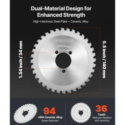 VEVOR Rebar Cutter Blades Replacement for Electric Rebar Cutting Saw, 36 Teeth High-Hardness Heat-Treated Steel Cermet Tipped Blade , Fast Even for Aluminum,Copper Pipe, Arbor 34 mm/ 1-11/32 in