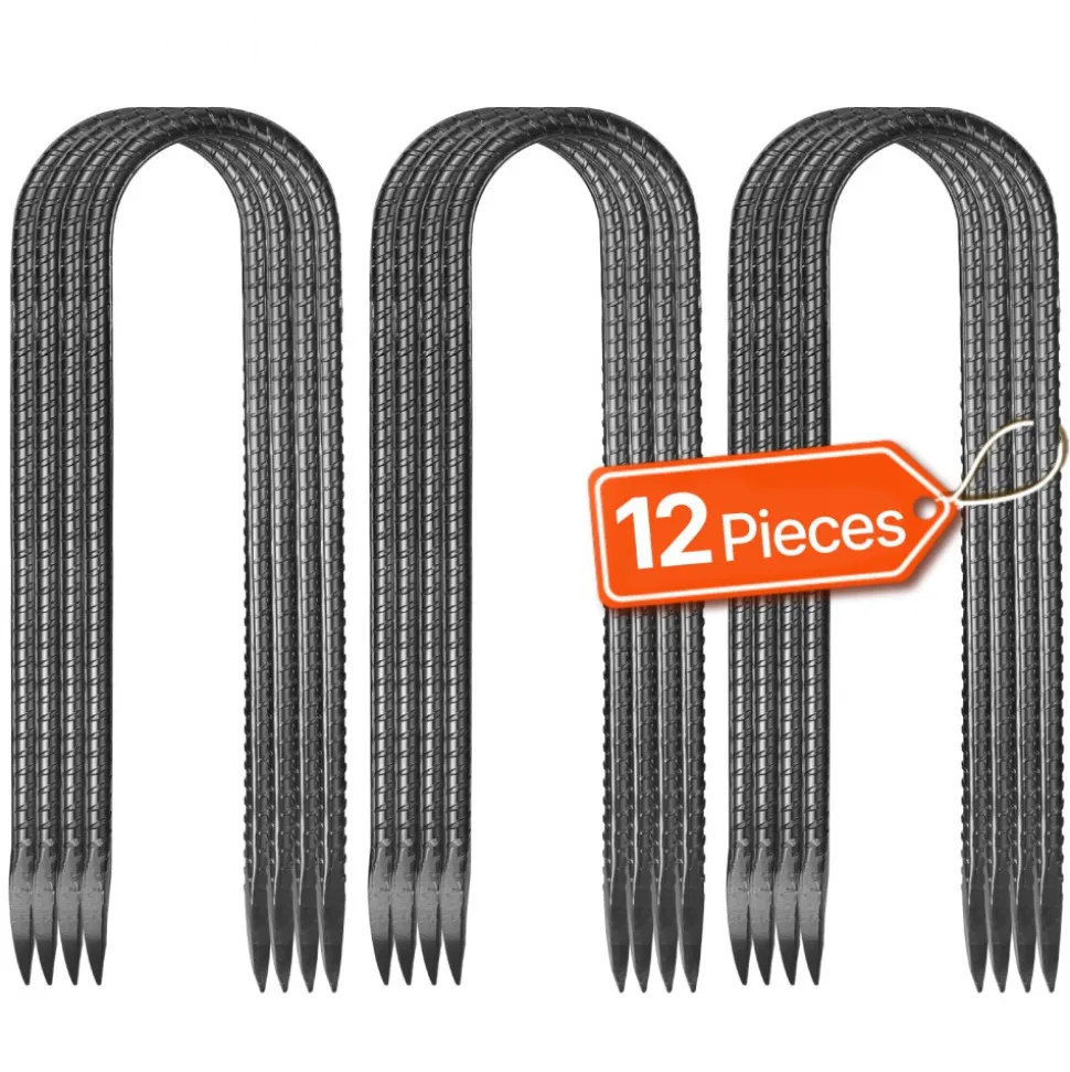 VEVOR Rebar Stakes, 10-Inch, Heavy-Duty 0.32 in Diameter U Shape, Galvanized Steel Ground Anchors with Chisel Point End & Rust-Resistant Coating, for Gardening Support, Fence, Camping Tents (12-Pack)