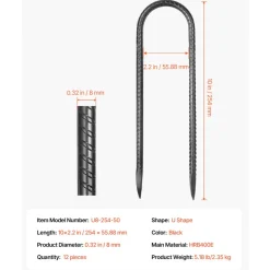 VEVOR Rebar Stakes, 10-Inch, Heavy-Duty 0.32 in Diameter U Shape, Galvanized Steel Ground Anchors with Chisel Point End & Rust-Resistant Coating, for Gardening Support, Fence, Camping Tents (12-Pack)