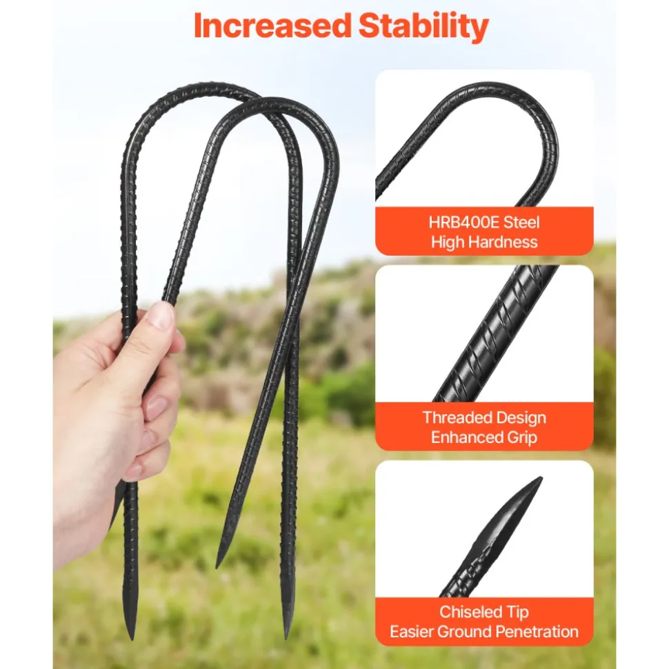 VEVOR Rebar Stakes, 10-Inch, Heavy-Duty 0.32 in Diameter U Shape, Galvanized Steel Ground Anchors with Chisel Point End & Rust-Resistant Coating, for Gardening Support, Fence, Camping Tents (12-Pack)