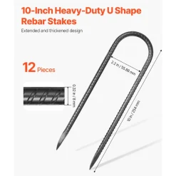 VEVOR Rebar Stakes, 10-Inch, Heavy-Duty 0.32 in Diameter U Shape, Galvanized Steel Ground Anchors with Chisel Point End & Rust-Resistant Coating, for Gardening Support, Fence, Camping Tents (12-Pack)