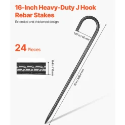 VEVOR Rebar Stakes, 16-Inch, Heavy-Duty 0.4 in Diameter J Hook, Galvanized Steel Ground Anchors with Chisel Point End & Rust-Resistant Coating, for Gardening Support, Fence, Camping Tents (16-Pack)