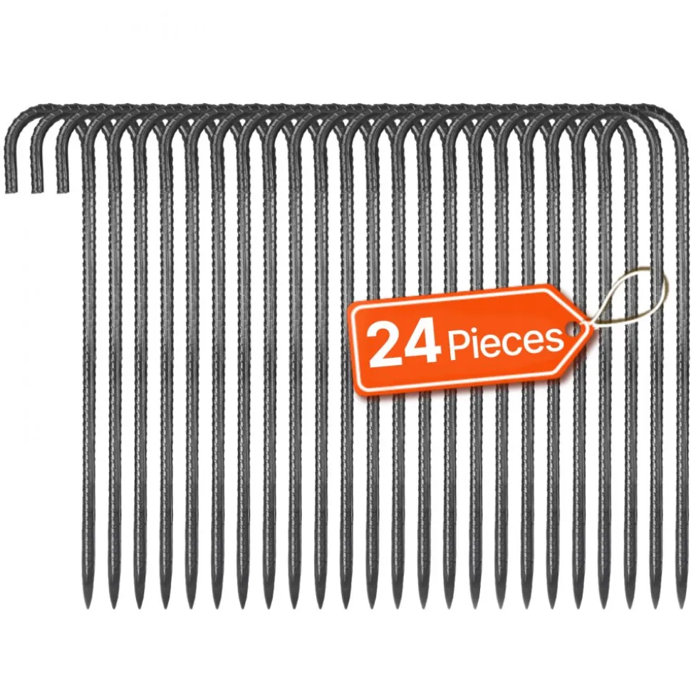 VEVOR Rebar Stakes, 16-Inch, Heavy-Duty 0.4 in Diameter J Hook, Galvanized Steel Ground Anchors with Chisel Point End & Rust-Resistant Coating, for Gardening Support, Fence, Camping Tents (24-Pack)
