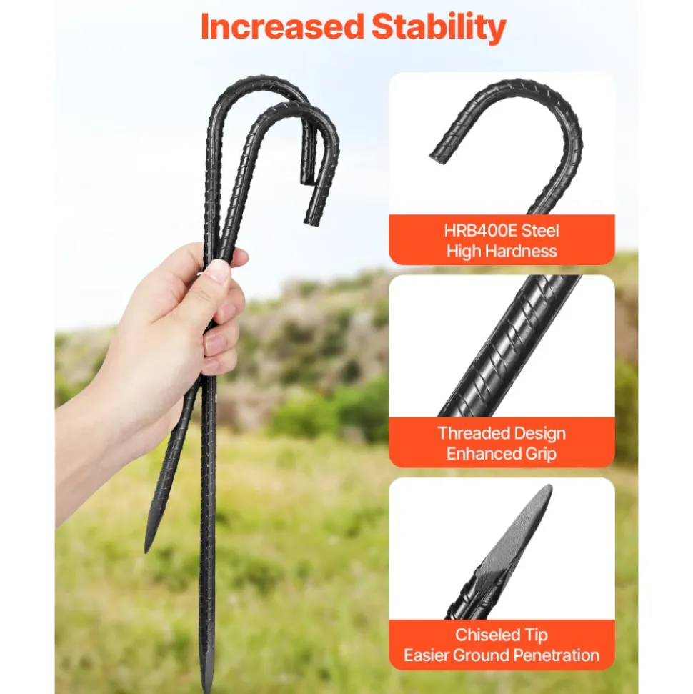VEVOR Rebar Stakes, 16-Inch, Heavy-Duty 0.4 in Diameter J Hook, Galvanized Steel Ground Anchors with Chisel Point End & Rust-Resistant Coating, for Gardening Support, Fence, Camping Tents (24-Pack)