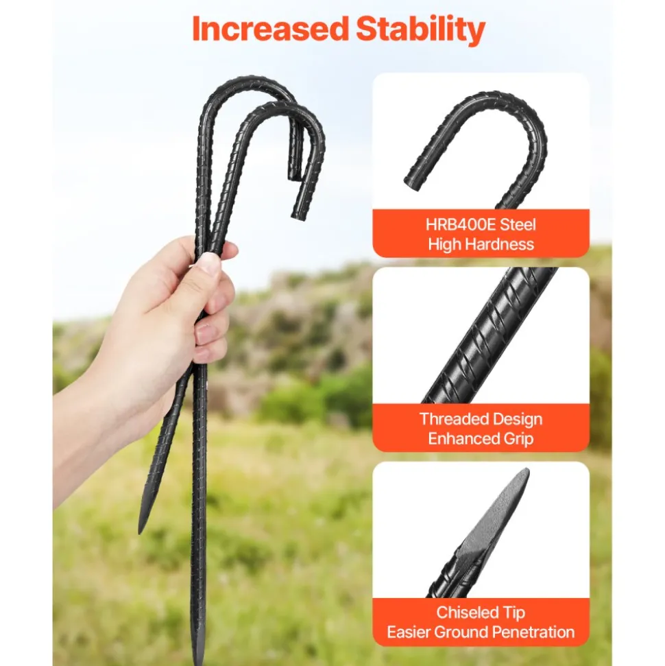 VEVOR Rebar Stakes, 12-Inch, Heavy-Duty 0.4 in Diameter J Hook, Galvanized Steel Ground Anchors with Chisel Point End & Rust-Resistant Coating, for Gardening Support, Fence, Camping Tents (16-Pack)