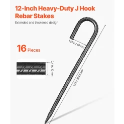 VEVOR Rebar Stakes, 12-Inch, Heavy-Duty 0.4 in Diameter J Hook, Galvanized Steel Ground Anchors with Chisel Point End & Rust-Resistant Coating, for Gardening Support, Fence, Camping Tents (16-Pack)