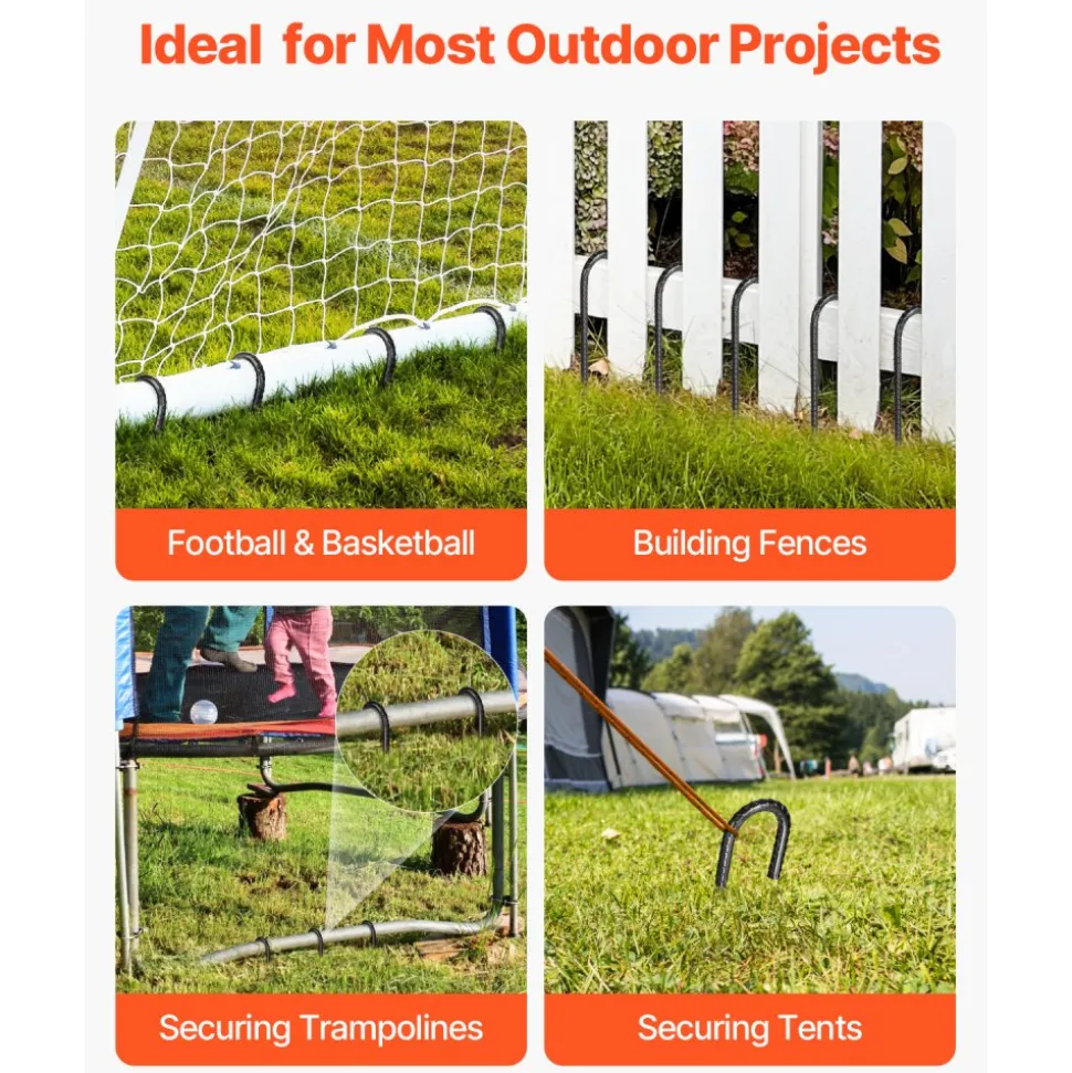 VEVOR Rebar Stakes, 12-Inch, Heavy-Duty 0.4 in Diameter J Hook, Galvanized Steel Ground Anchors with Chisel Point End & Rust-Resistant Coating, for Gardening Support, Fence, Camping Tents (16-Pack)