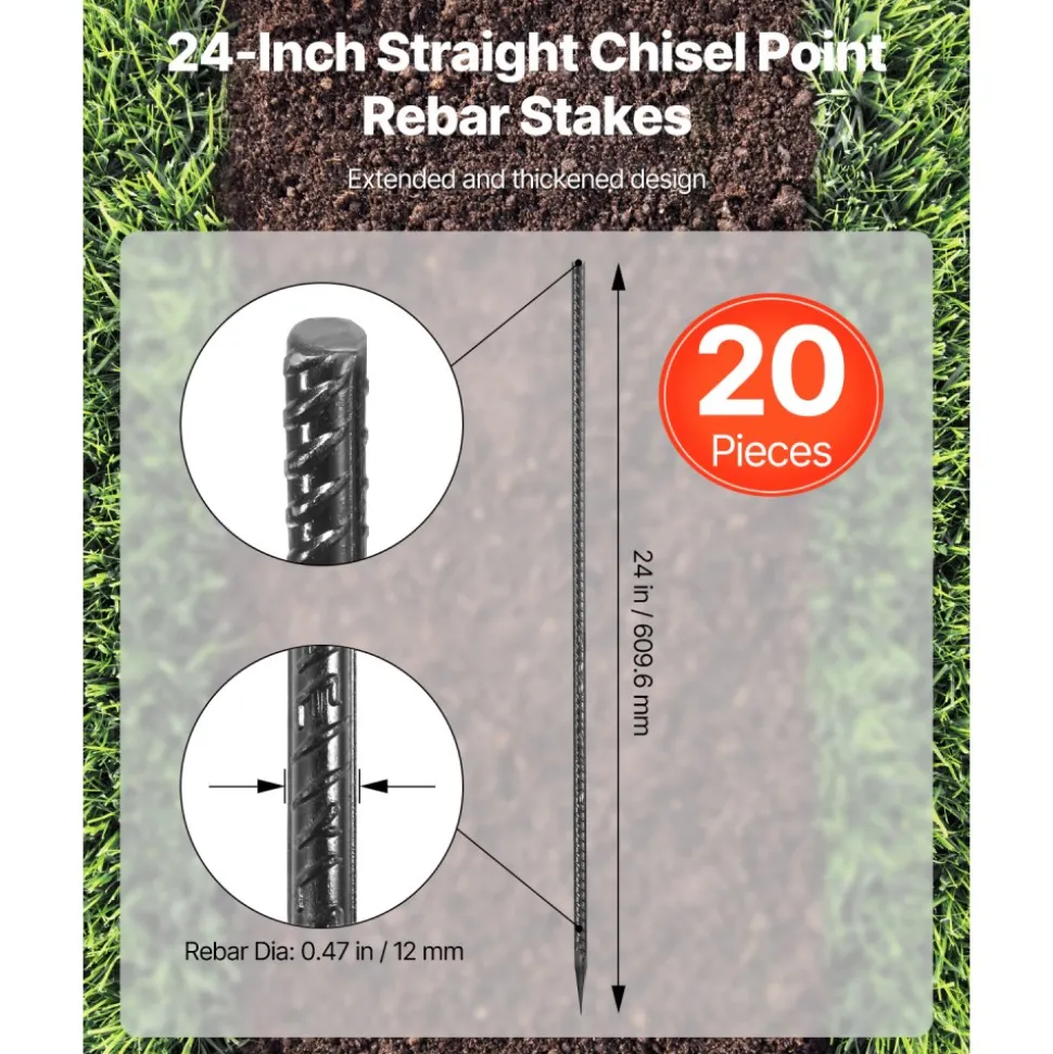 VEVOR Rebar Stakes, 16-Inch, Heavy-Duty 0.45 in Diameter, Straight Galvanized Steel Ground Anchors with Chisel Point End & Rust-Resistant Coating, for Gardening Support, Fence, Camping Tents (16-Pack)