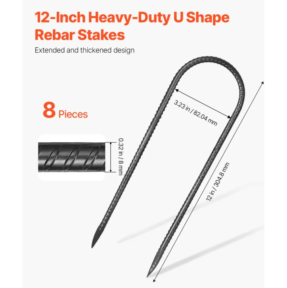 VEVOR Rebar Stakes, 12-Inch, Heavy-Duty 0.32 in Diameter U Shape, Galvanized Steel Ground Anchors with Chisel Point End & Rust-Resistant Coating, for Gardening Support, Fence, Camping Tents (8-Pack)