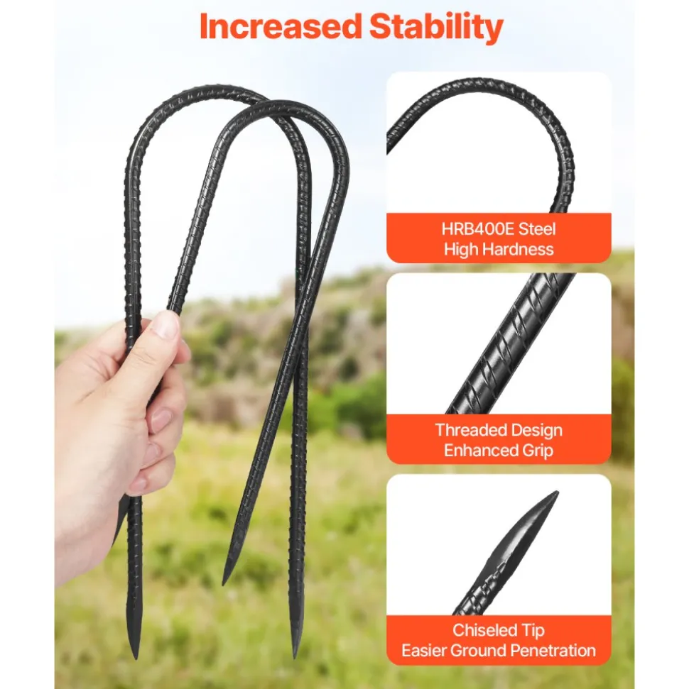 VEVOR Rebar Stakes, 12-Inch, Heavy-Duty 0.32 in Diameter U Shape, Galvanized Steel Ground Anchors with Chisel Point End & Rust-Resistant Coating, for Gardening Support, Fence, Camping Tents (8-Pack)