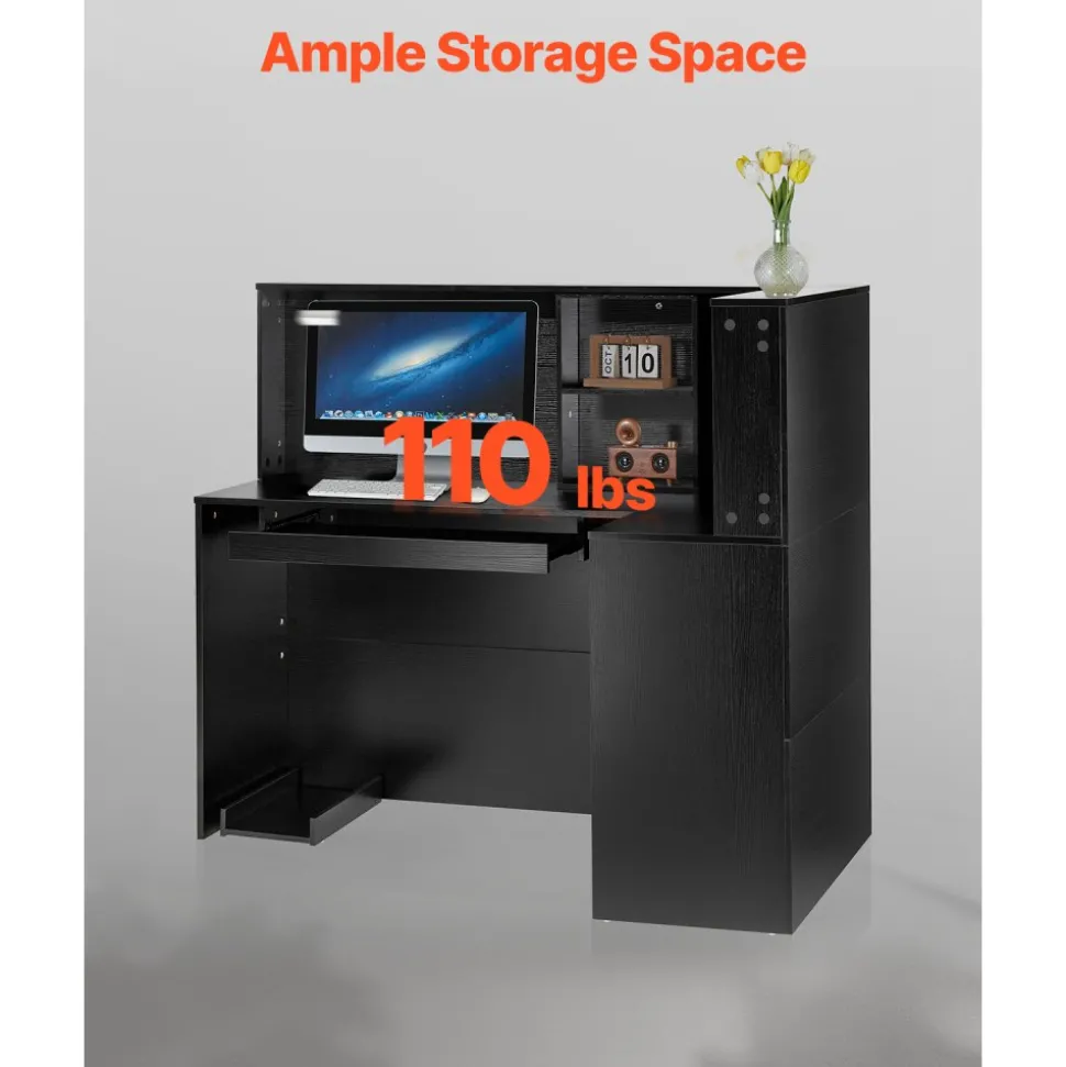 VEVOR Reception Desk, 55Inch L-Shaped Front Counter Table, Office Reception Counter with Drawer Keyboard Tray and Storage Cabinet, for Checkout, Lobby, Beauty Salon & Office, Black
